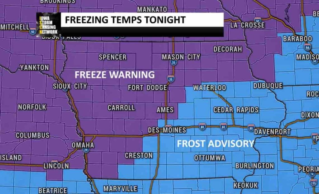 Freeze Warning and Frost advisories in Iowa