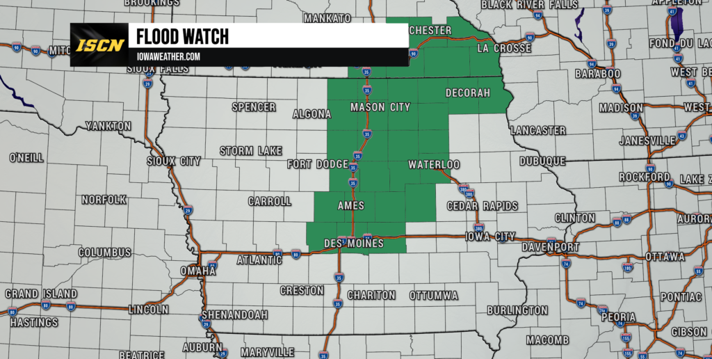 flood - IowaWeather.com Central Iowa flood watch map in green; shows Des Moines, Ames, Waterloo, Mason City, Decorah with a 'Flood Watch' banner from IowaWeather.com