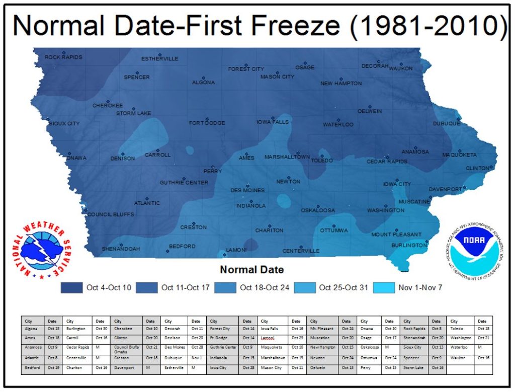 Normal first freeze date in Iowa - Historical records from 1981 through 2010 