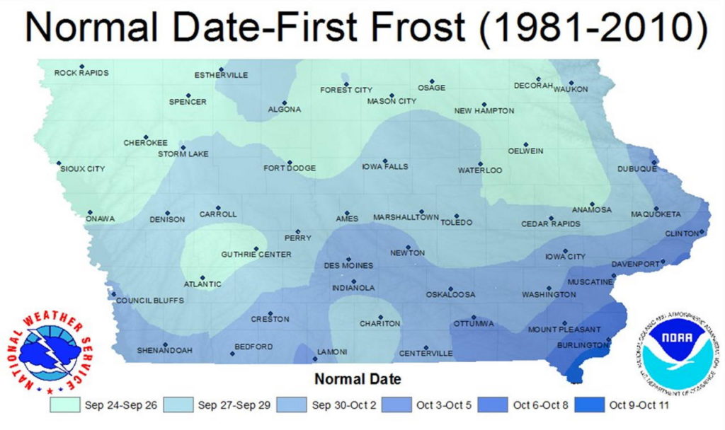 Average first frost date in Iowa - Historical records from 1981 through 2010