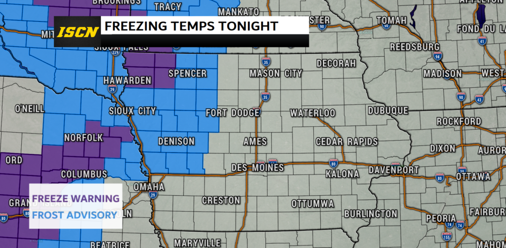 frost advisory and freeze warning map for Iowa