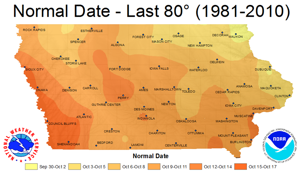 Normal Last 80 degree date in Iowa