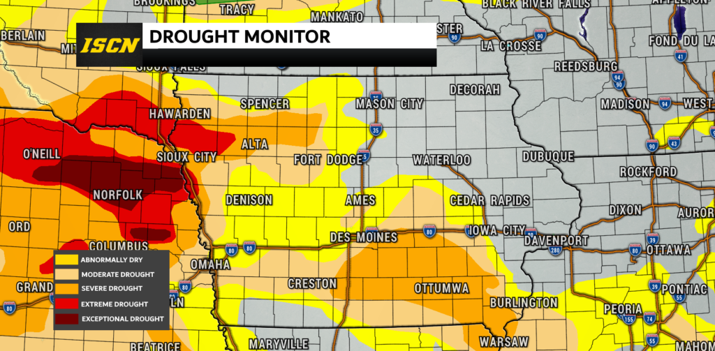 Iowa Drought Monitor Showing Moderate to Extreme Drought Across Portions of Iowa 