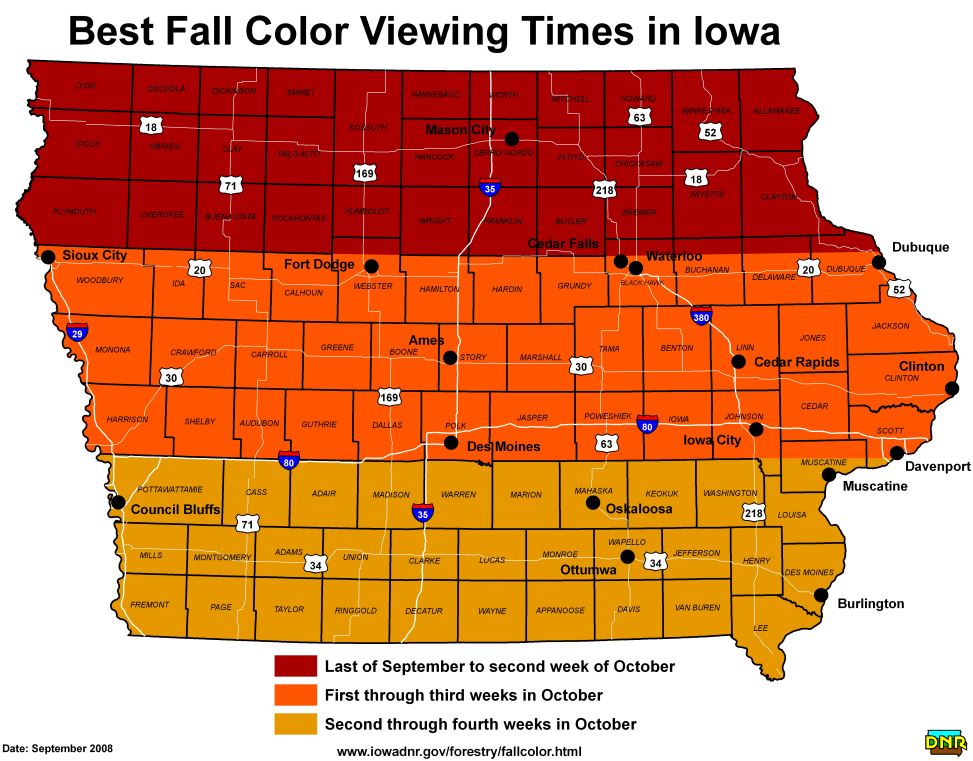 Best fall color viewing times in Iowa map