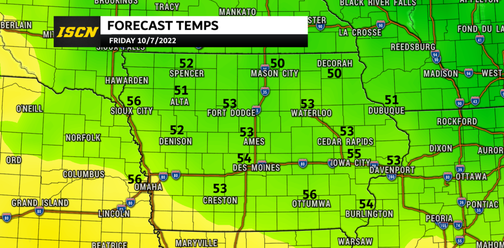 Temperature forecast for Iowa for Friday October 7th, 2022