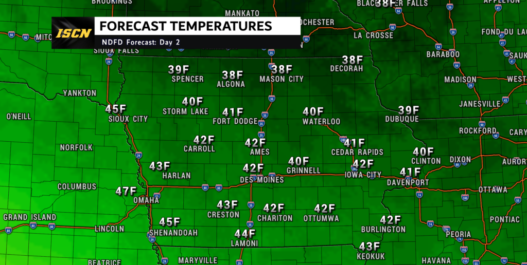 Forecast high temperatures for Iowa on Monday, October 17th, 2022