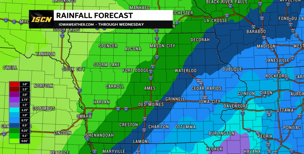 Iowa rainfall forecast for Sunday through Wednesday, showing a half-inch, up to an inch of rainfall across eastern Iowa
