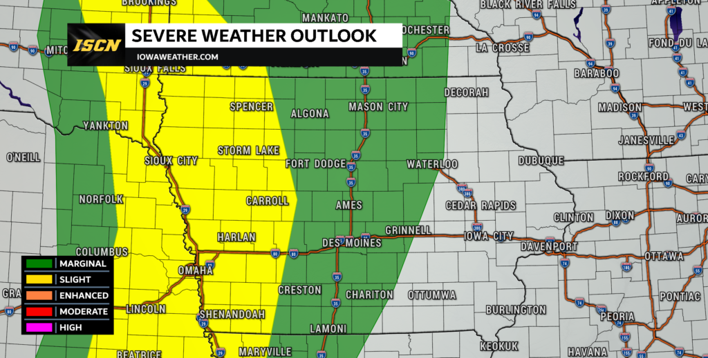 Severe weather outlook for Sunday, October 23, 2022. Slight risk across western Iowa with a marginal risk extending to Interstate 35