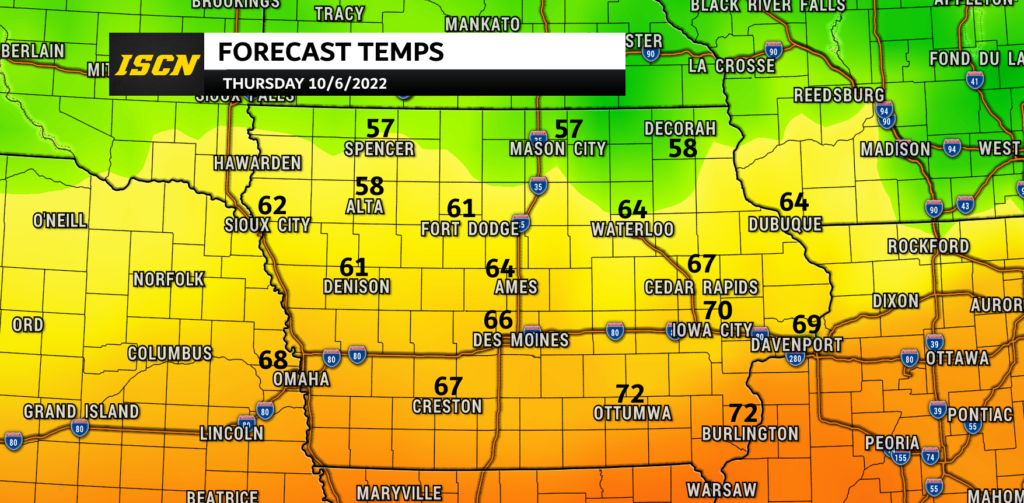 Temperature forecast for Iowa on Thursday October 6th, 2022