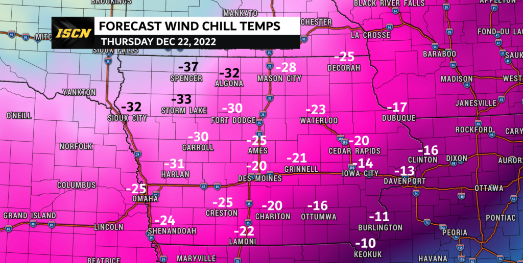 Iowa forecast wind chill temperatures for December 22, 2022