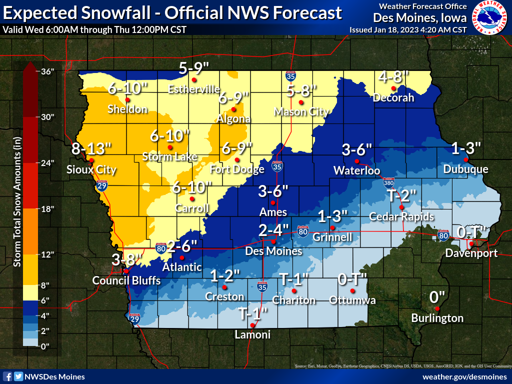 Snowfall forecast for Iowa