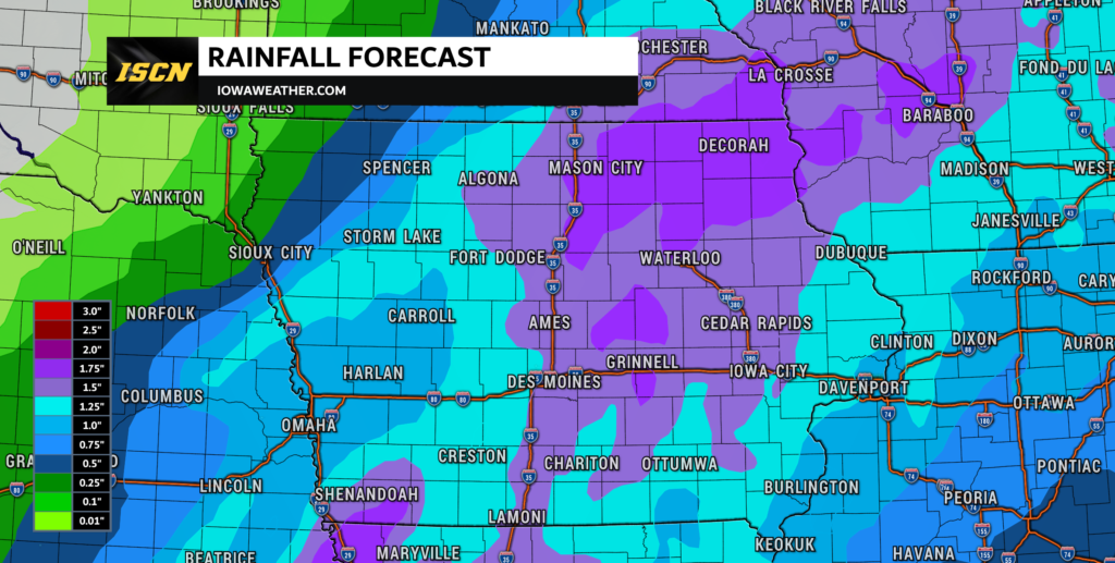 Iowa rainfall forecast from Sunday evening through Monday afternoon