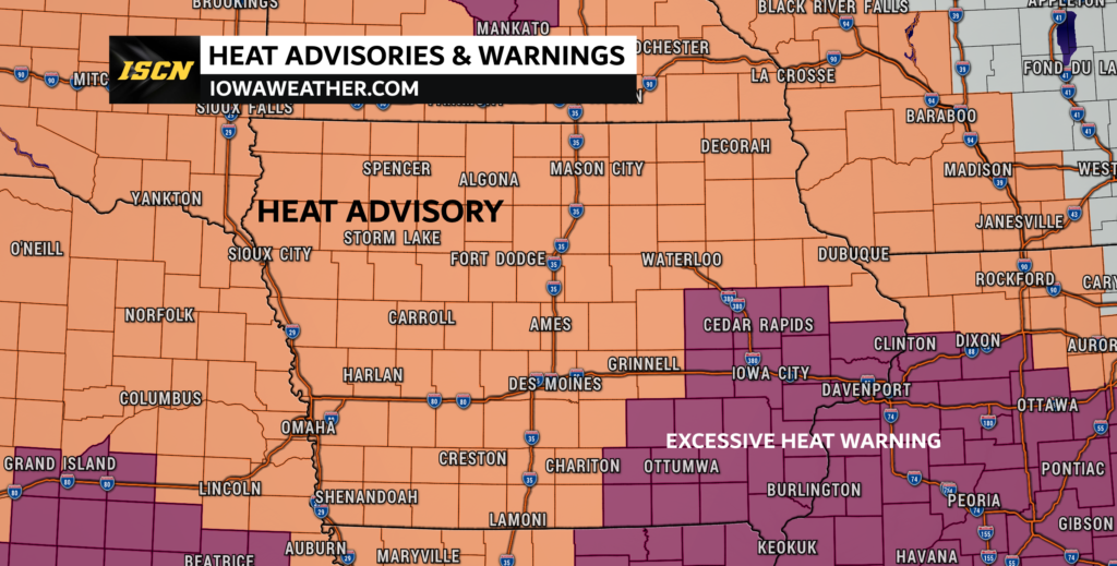 Heat advisory map for all of Iowa