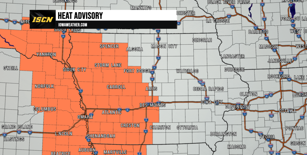 Map showing a Heat Advisory area in orange across western Iowa, including Sioux City, Storm Lake, Carroll, and Fort Dodge