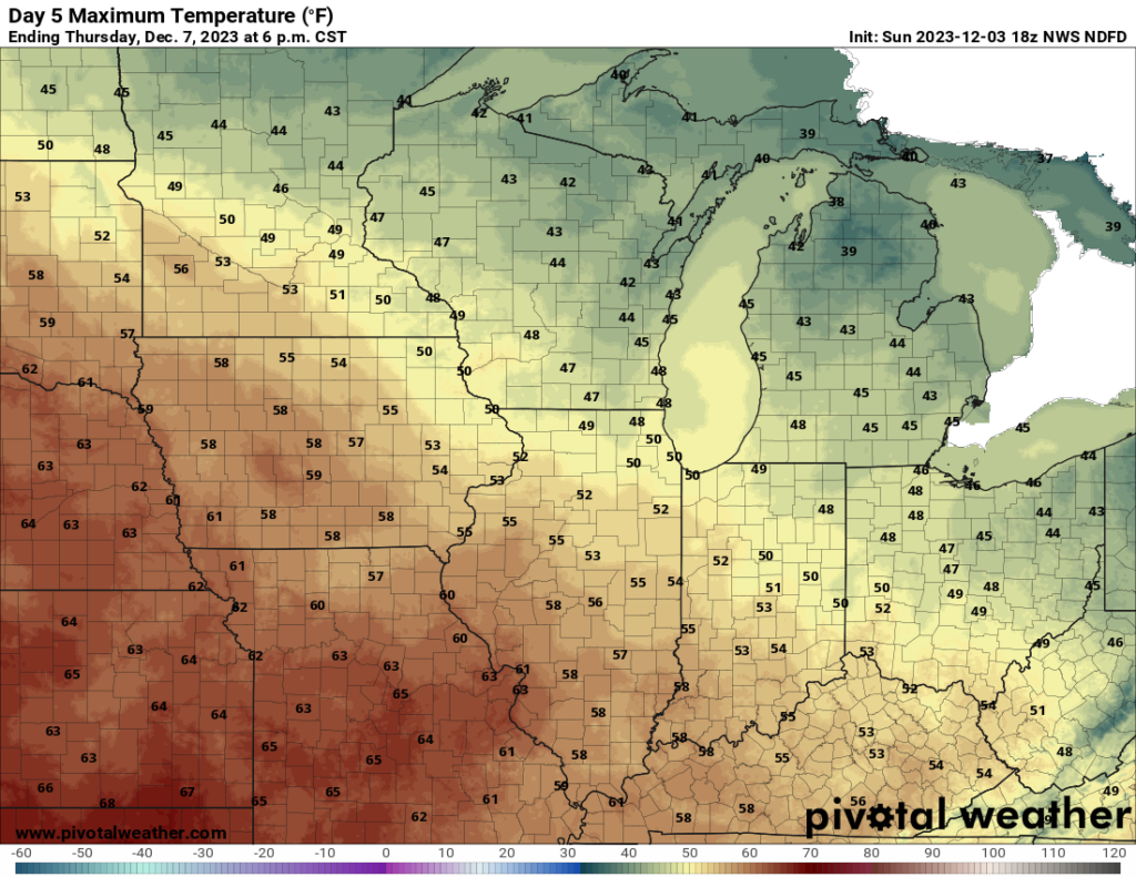 Forecast temperatures across the Midwest on Thursday December 7th, 2023