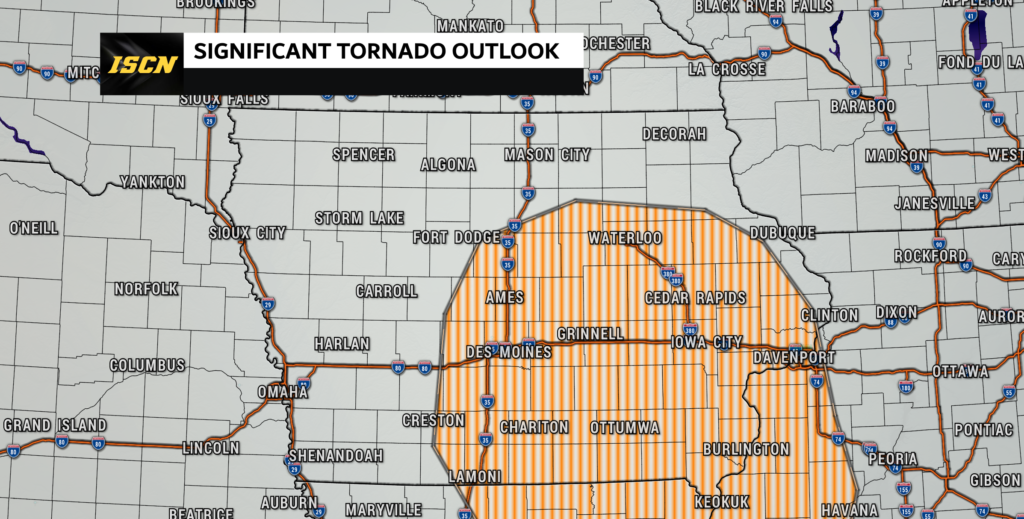 10% tornado probability map for Iowa