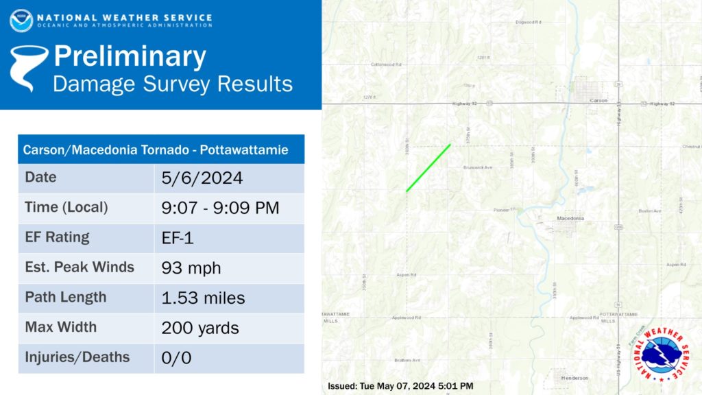 Details about the EF1 Carson, IA tornado on 5/6/2024.
