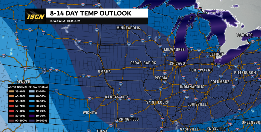 Midwest 8 to 14 day temperature outlook showing a high chance of below normal temperatures 