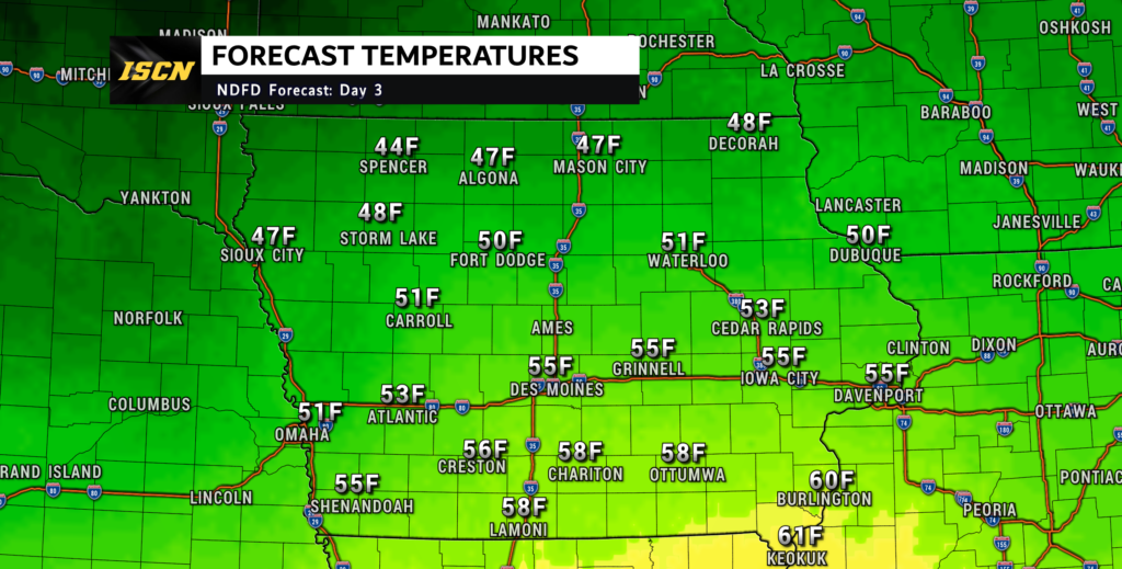 Forecast high temperatures in Iowa on Sunday 11/24/2024