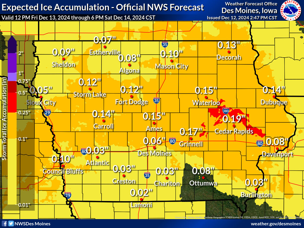 Forecast Ice Amounts from the National Weather Service for December 13th, 2024