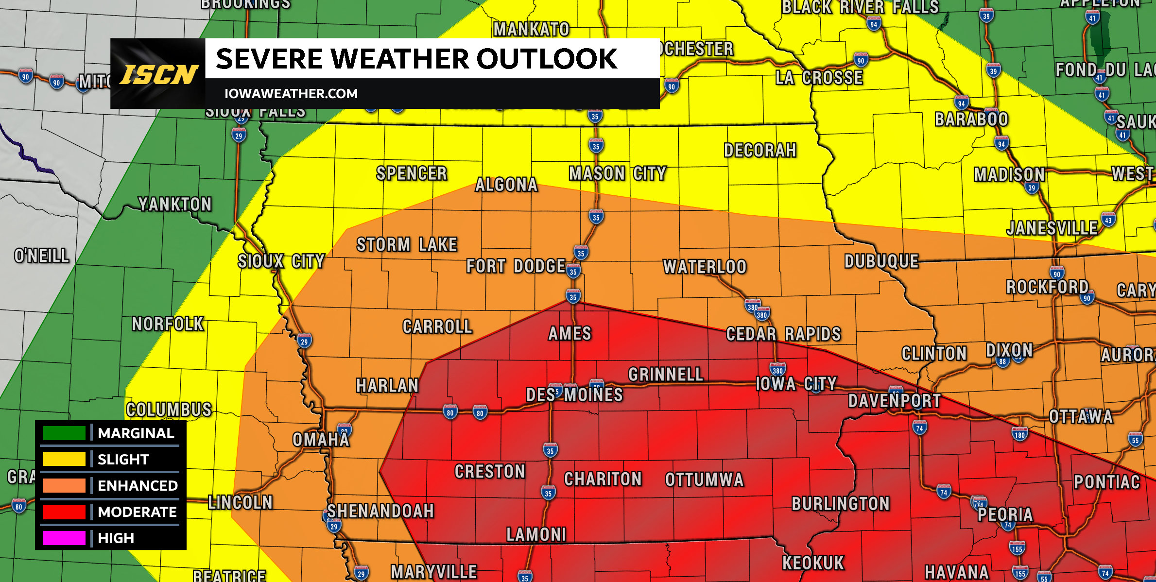 Moderate Risk of Severe Weather Issued for Iowa Friday