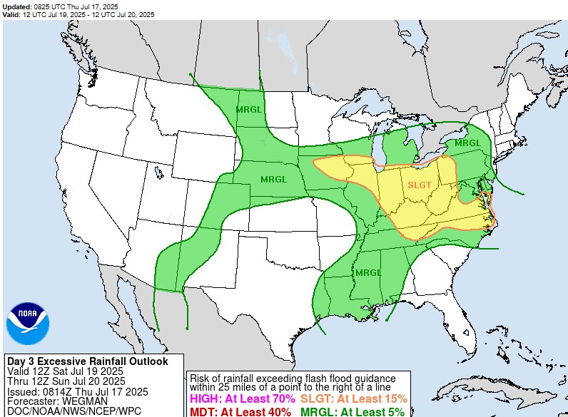 Excessive rainfall outlook for Saturday July 19th, 2025