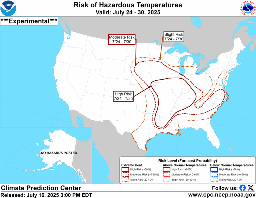 Risk of Hazardous Temperatures Map for July 24th through 30th, 2025