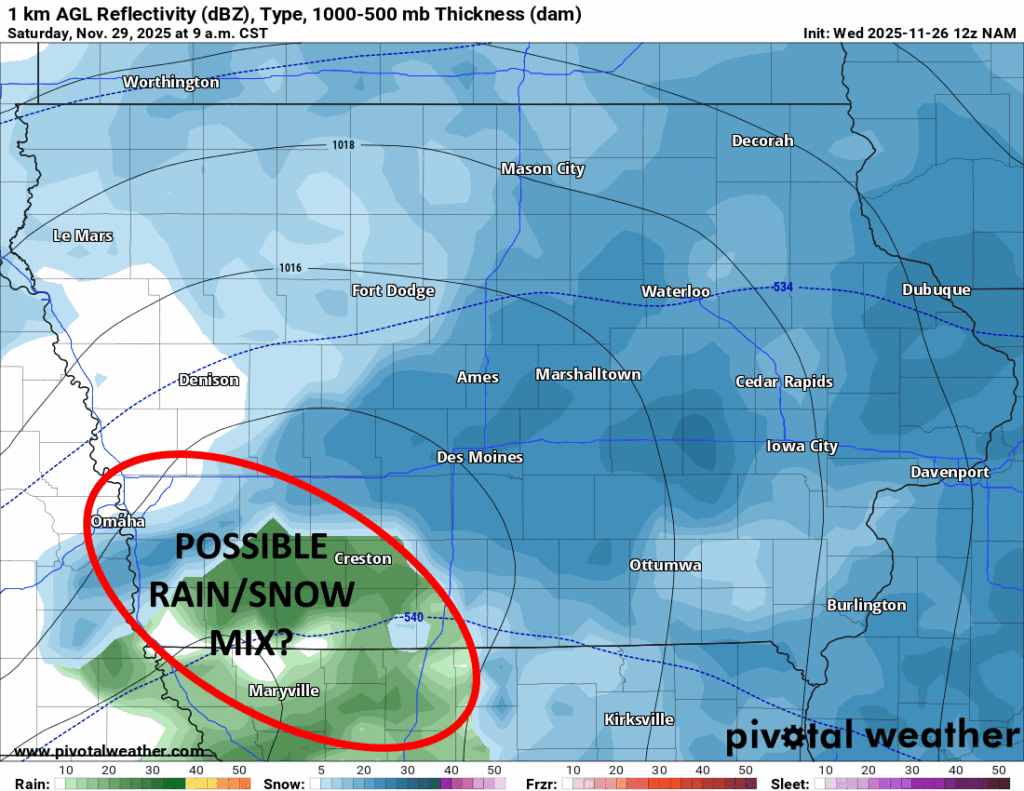 ref1km_ptypeus_state_ia - IowaWeather.com NAM model run for Saturday showing parts of southern Iowa seeing a rain/snow mix