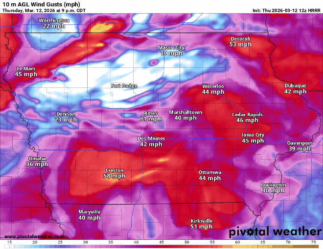 Forecast wind gusts based off the 12Z HRRR model for Iowa