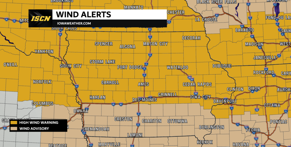 Iowa High Wind Warnings and Wind Advisory Map