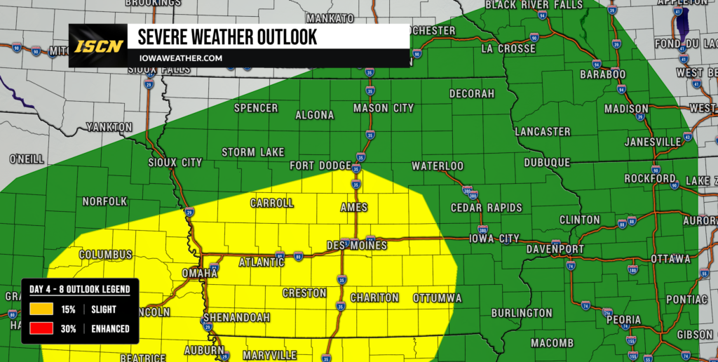 Friday's Severe Weather Outlook for Iowa showing a slight risk of severe weather