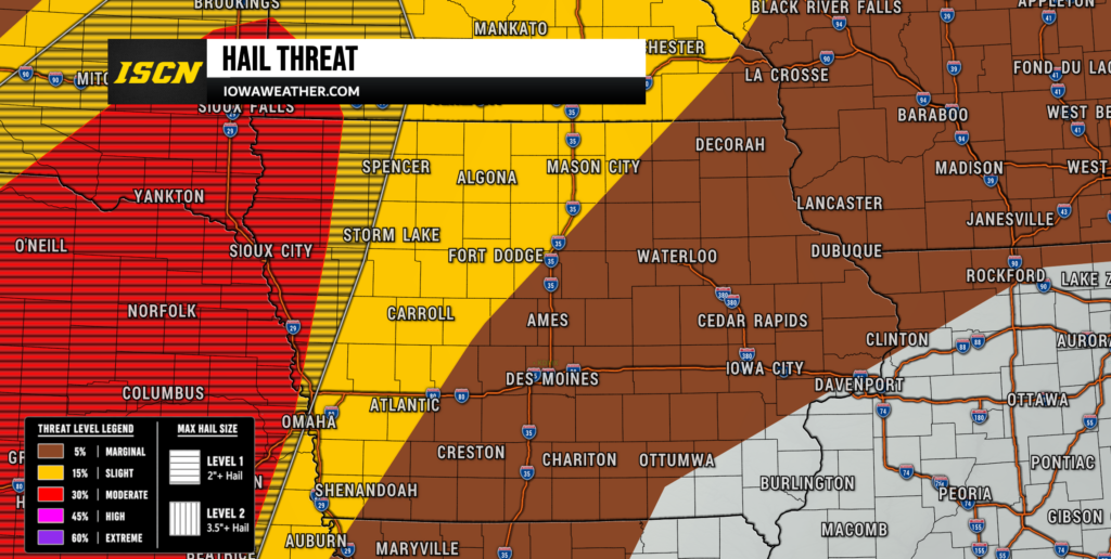 Weather map showing hail threat areas across the Midwest with color bands (red, yellow, brown) and a banner labeled 'HAIL THREAT' from IOWAWEATHER.COM in the upper left.