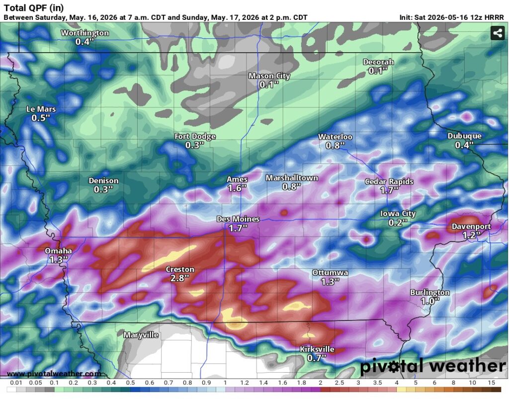 Forecast rainfall amounts for Iowa on Saturday, May 16, 2026