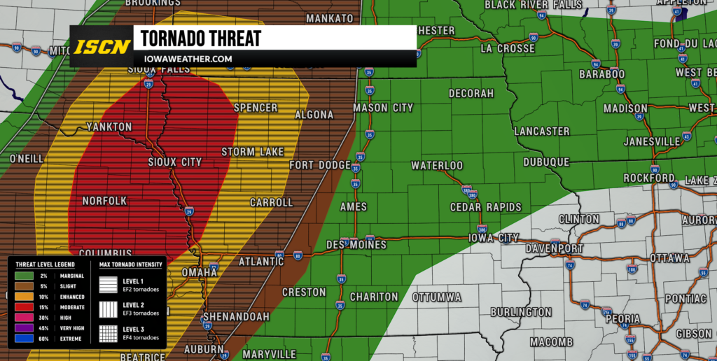 Banner reads 'TORNADO THREAT' over a color-coded weather map of Iowa showing red high risk, orange and yellow elevated areas, and green safe zones with town names like Sioux City, Des Moines, Fort Dodge, Ames, and Waterloo.