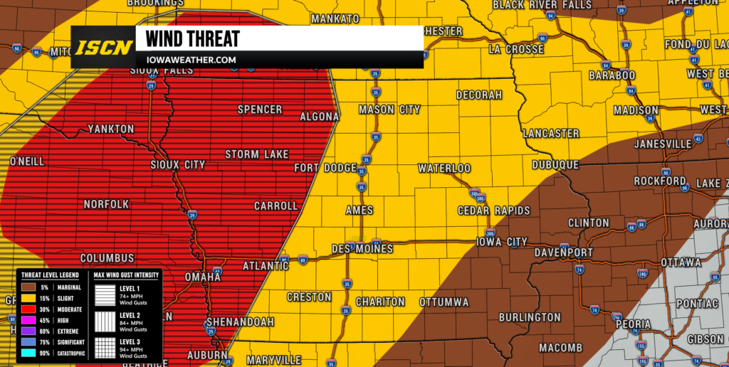 Weather map showing wind threat levels across Iowa and surrounding areas; red zone indicates high wind gust potential near Sioux City, Storm Lake, Fort Dodge and Omaha, with yellow/tan and brown regions signifying lower threat levels. Includes a legend and a banner reading 'WIND THREAT' from IowaWeather.com (ISCN).