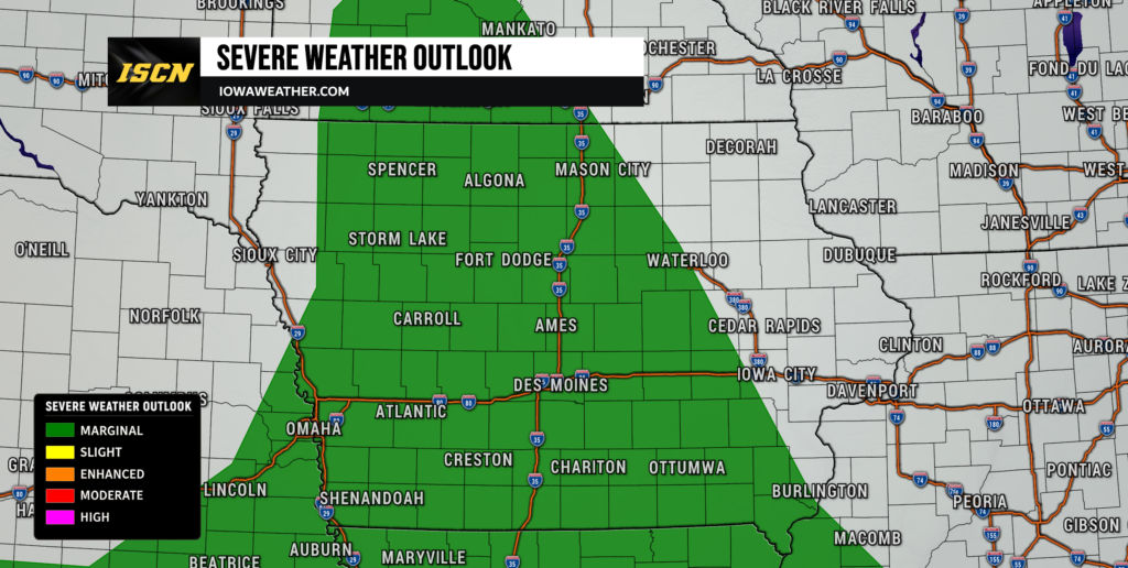 Weather map showing a green marginal severe weather area over central Iowa (Des Moines, Ames, Fort Dodge area) with a banner reading 'Severe Weather Outlook' and source IowaWeather.com.