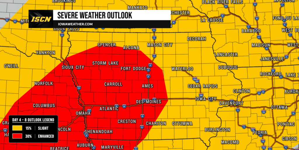 Monday's Severe Weather Outlook for Iowa showing an enhanced risk of severe weather across western Iowa