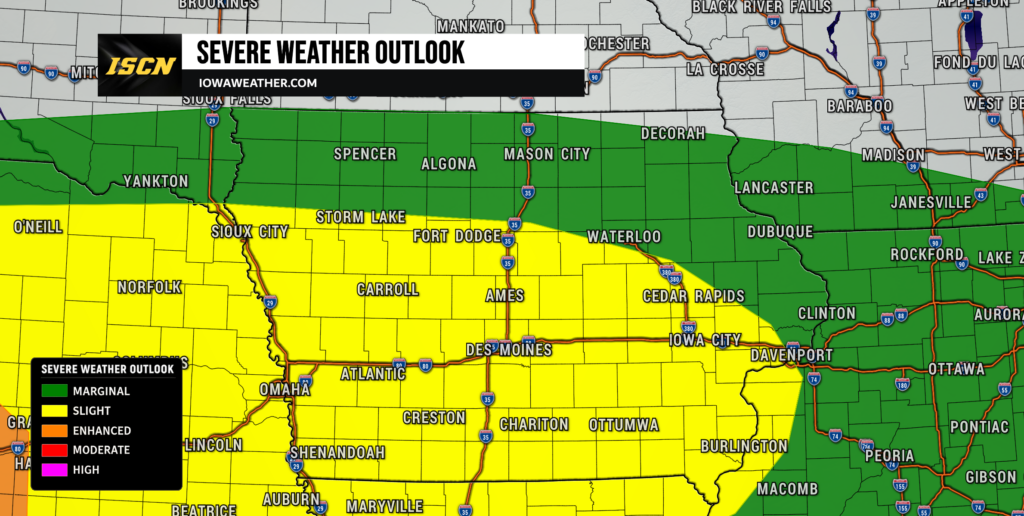 Severe Weather Outlook map showing risk zones: green marginal, yellow slight across parts of Iowa and Nebraska, with city names and highways.