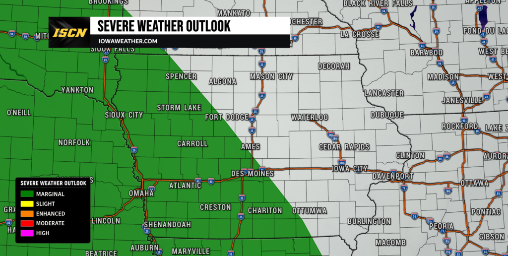 Severe weather outlook map focusing on Iowa and surrounding states with green shading indicating marginal risk and a diagonal boundary across the image; legend shows risk levels (green marginal, other colors not active). The banner reads Severe Weather Outlook at the top left.