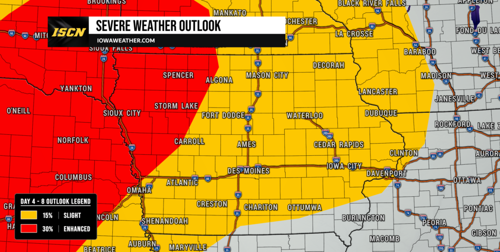 Sunday's Severe Weather Outlook for Iowa showing a enhanced risk of severe weather across northwest Iowa