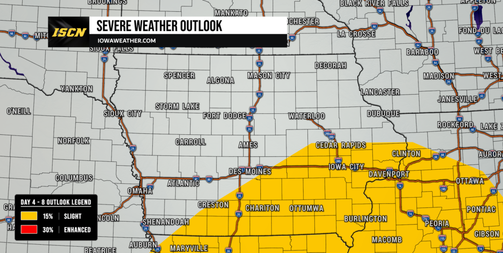Tuesday's Severe Weather Outlook for Iowa showing a slight risk of severe weather across southeast Iowa