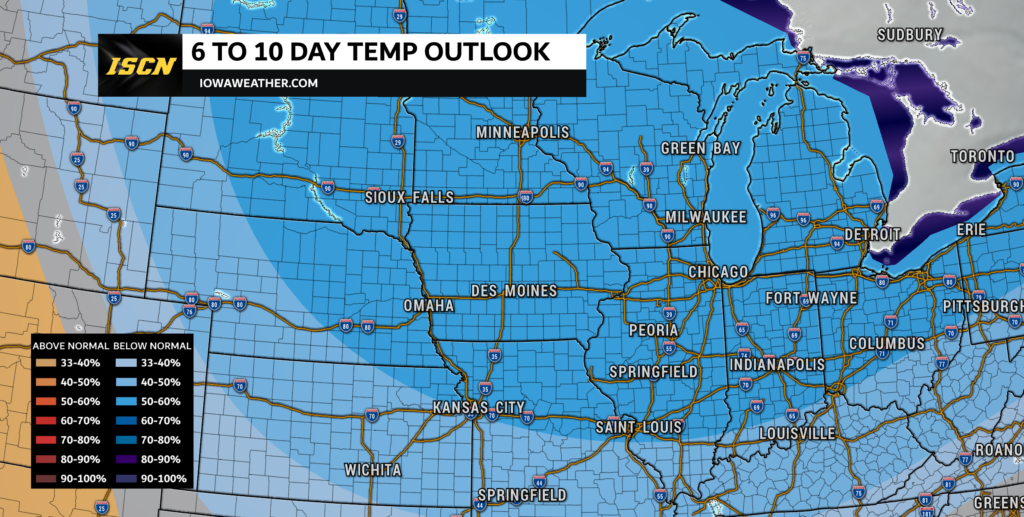 6 to 10 day temperature Outlook - IowaWeather.com Map showing a 6–10 day temperature outlook across the central U.S.; blue shading indicates below-normal temperatures, covering the Midwest and Great Lakes, with a legend in the lower-left explaining color Percentages.