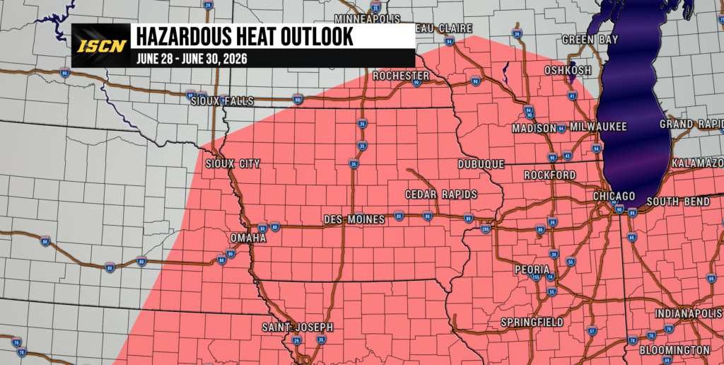Weather map showing hazardous heat outlook for June 28–30, 2026 with a pink risk area across parts of Nebraska, Iowa, Illinois, and Wisconsin.
