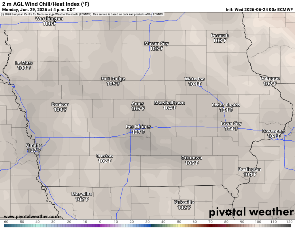 Map of 2 m AGL wind chill/heat index (°F) across Iowa and nearby areas at 4 p.m. CDT, June 29, 2026, with city labels and heat index values around 102–107°F.