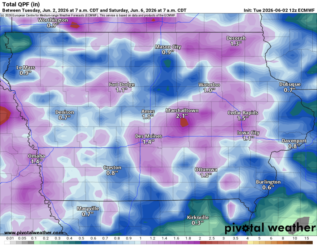 European weather model rainfall forecast for Iowa through Saturday morning June 6th, 2026