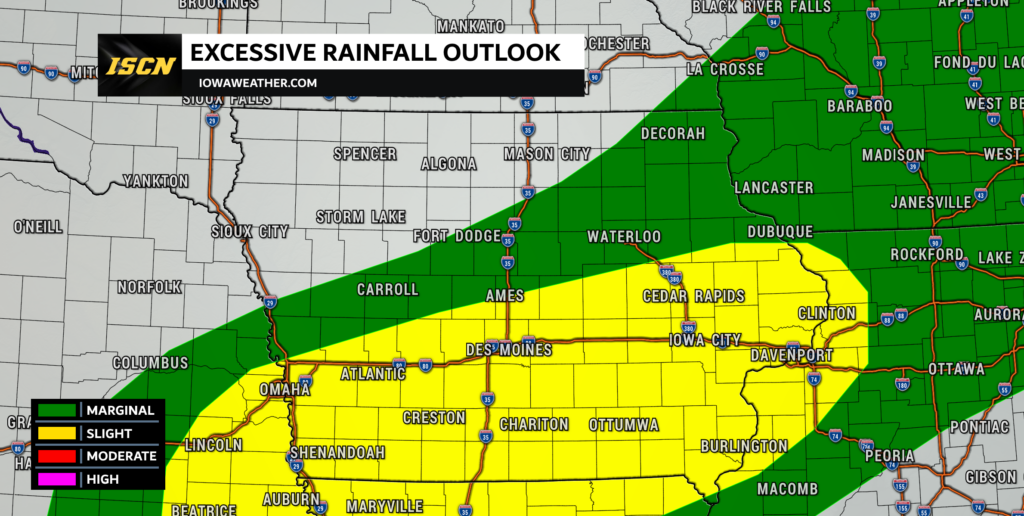 Excessive rainfall outlook for Iowa for Friday, June 5, 2026. Showing a slight risk of excessive rainfall across southern Iowa.