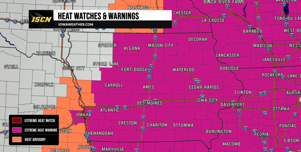 Map showing heat alerts across the central U.S. with magenta areas indicating extreme heat warnings and orange areas for heat advisories; legend in lower-left explains color codes; banner at top reads 'HEAT WATCHES & WARNINGS' with IowaWeather.com branding.