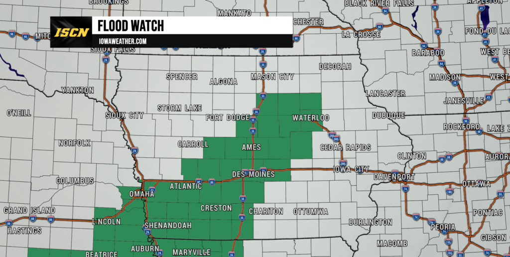 Weather map of central and southern Iowa showing a flood watch in green; banner reads FLOOD WATCH from IowaWeather.com.