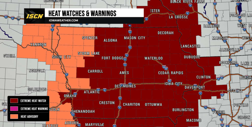 Map of Iowa showing heat warnings: dark red areas for extreme heat, lighter red-orange for warnings/advisories, with city labels and Interstates.