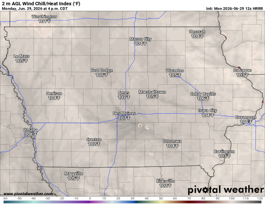 Iowa forecast heat index values for Monday, June 29th, 2026